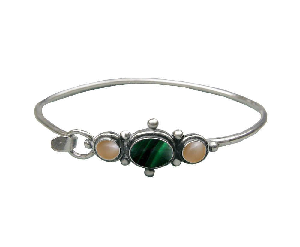 Sterling Silver Strap Latch Spring Hook Bangle Bracelet Malachite And Peach Moonstone
